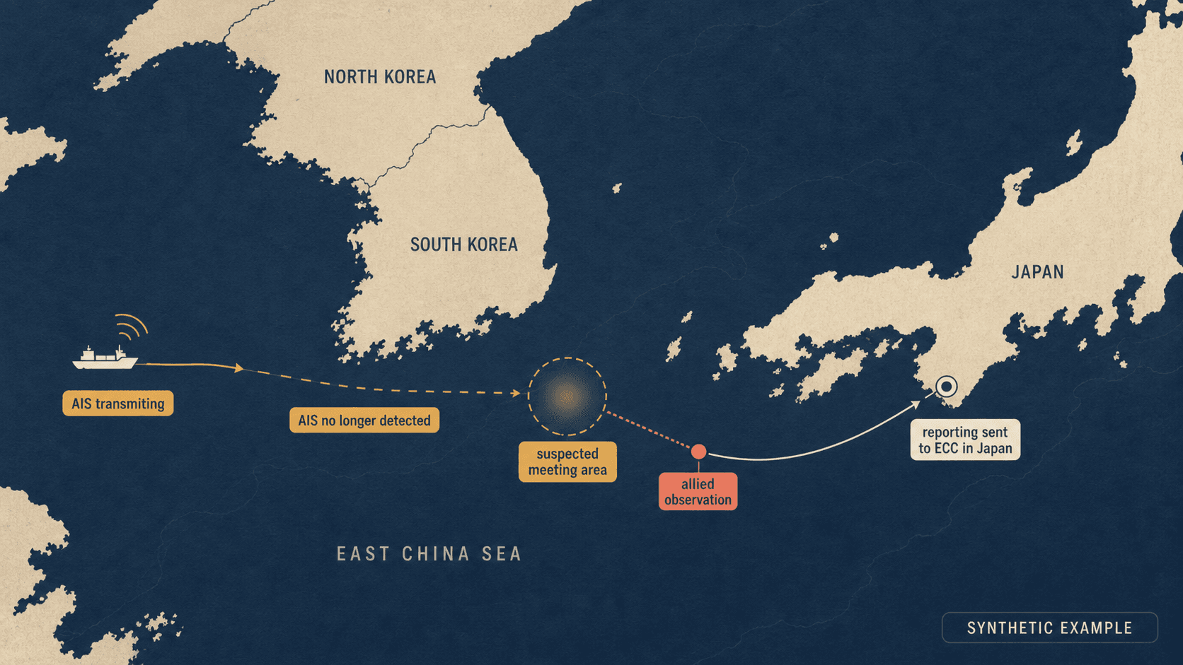 Synthetic editorial map of the Korean peninsula, Japan, and the East China Sea. A vessel begins with AIS transmitting, enters a tracking gap near a suspected meeting area, is observed by an allied partner, and the report continues to an ECC point in Japan.