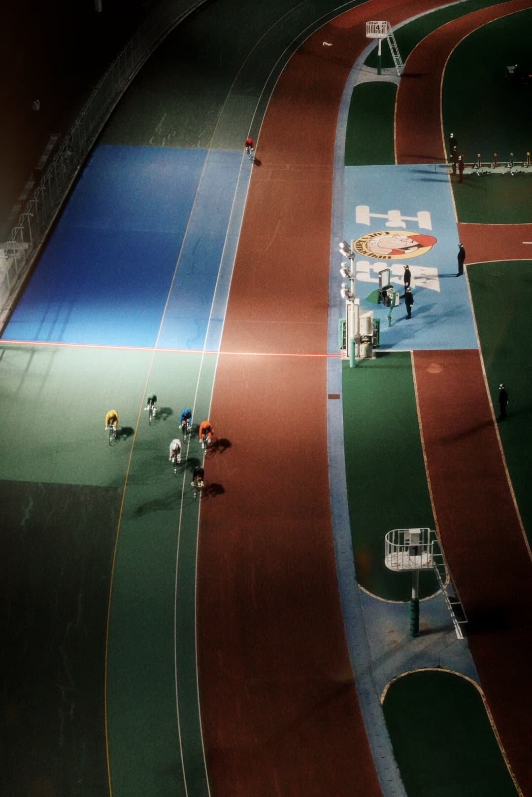 A velodrome track from above at night